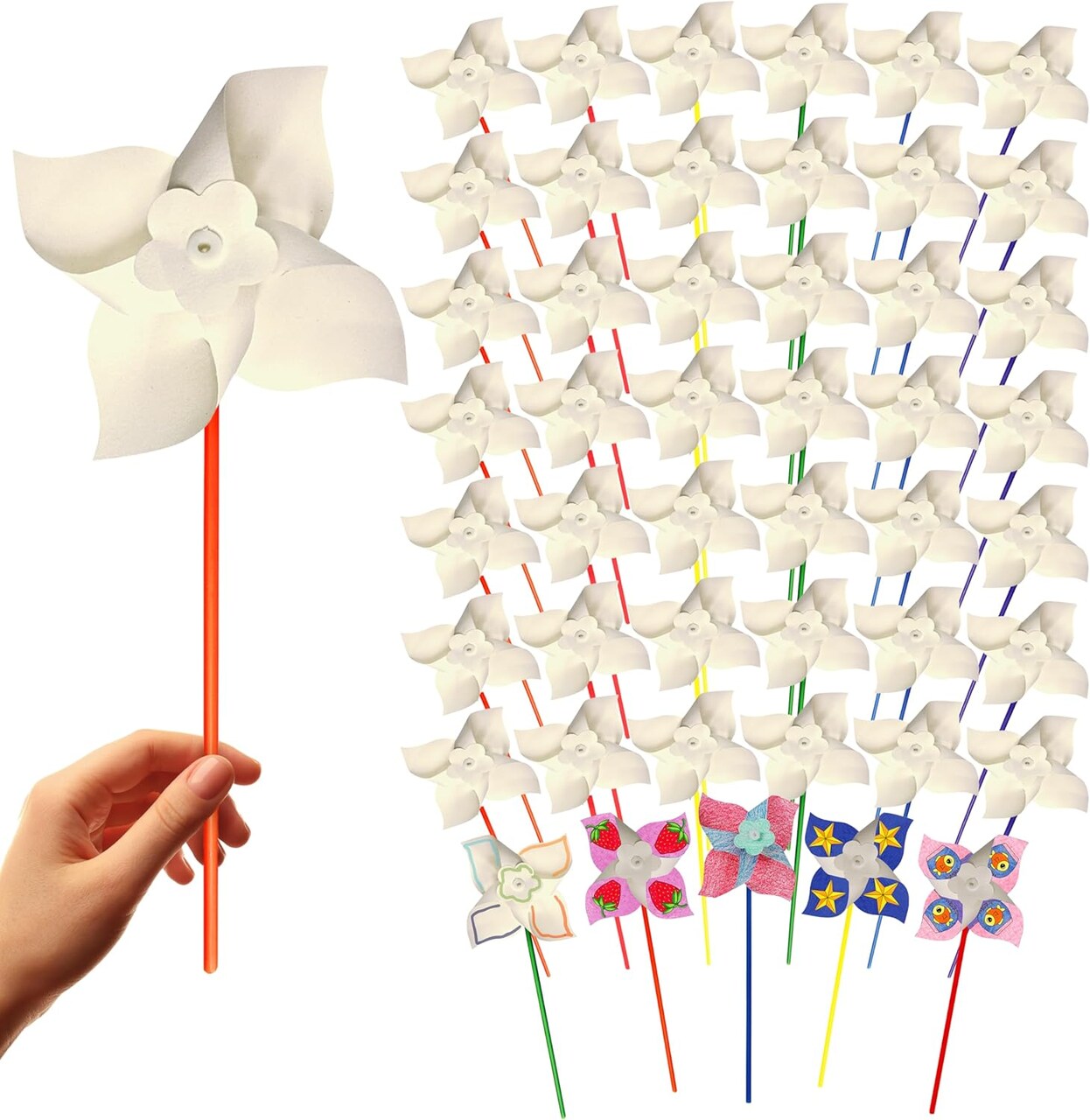 4E's Novelty 100 Pack DIY Pinwheels Craft for Kids, Bulk Summer Pinwheel Craft Kit, Color Your Own Paper Windmill for Pinwheels for Kids July 4 Party, Bulk Pinwheel for Spring Art and Creativity